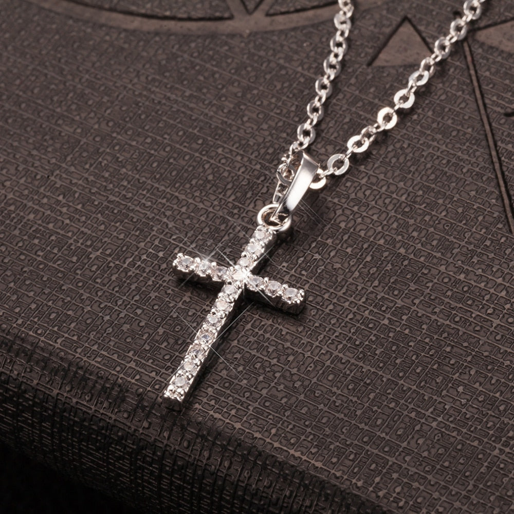 Stainless steel chain and rhinestone cross pendant